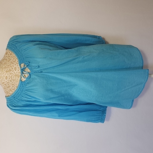 J Jill Women's Aqua Blue 3/4 Sleeve Crinkle Textured Tie Front Tunic SZ M Boho - Picture 1 of 15